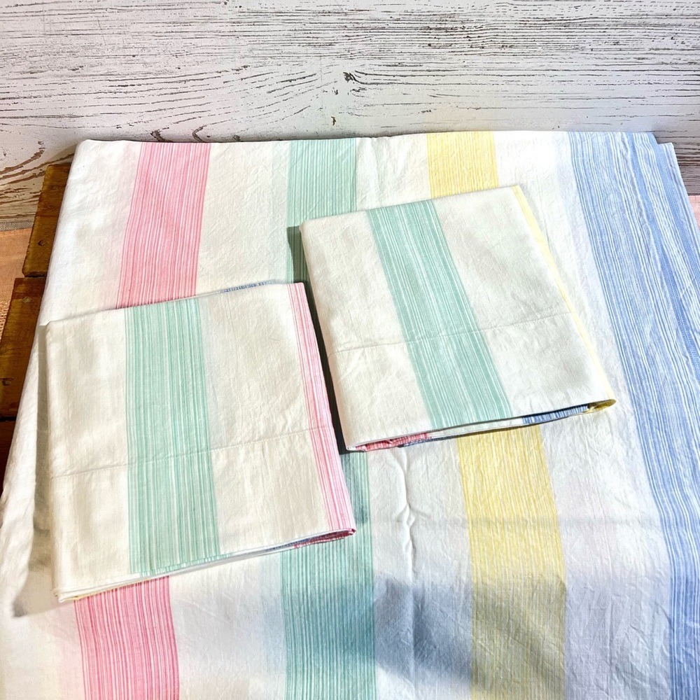 Vintage pepperell flat sheet pillow cases bedding pink blue yellow green stripe